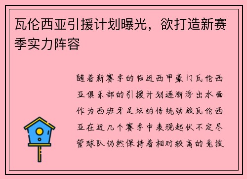 瓦伦西亚引援计划曝光，欲打造新赛季实力阵容