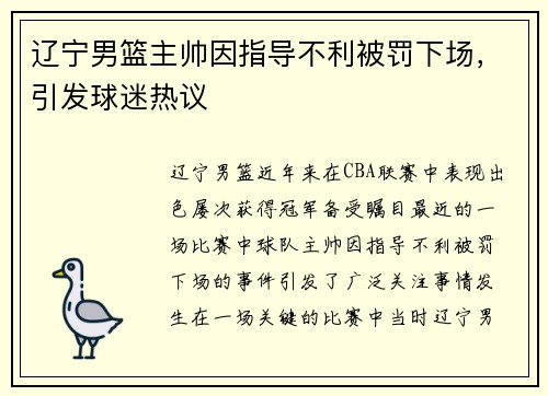 辽宁男篮主帅因指导不利被罚下场，引发球迷热议